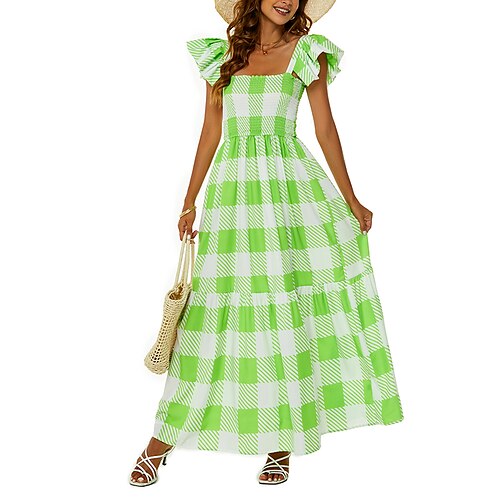 

Women's Sheath Dress Maxi long Dress Green Sleeveless Striped Plaid Backless Ruched Ruffle Summer Square Neck Stylish Elegant Casual Cap Sleeve 2022 S M L XL