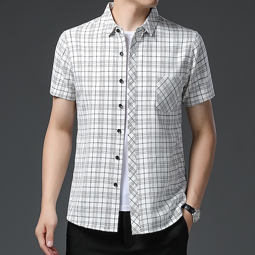 

Men's Shirt Lattice Turndown Street Casual Button-Down Short Sleeve Tops Casual Fashion Breathable Comfortable White Gray Pink