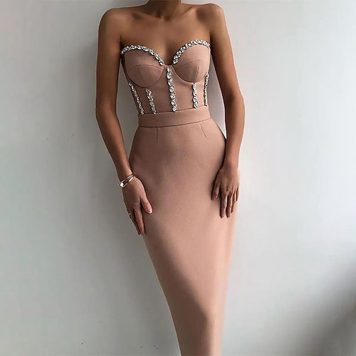 

Women's Bodycon Knee Length Dress Pink Sleeveless Color Block Backless Embroidered Cold Shoulder Spring Summer Strapless Party Stylish Elegant 2022 S M L XL / Party Dress