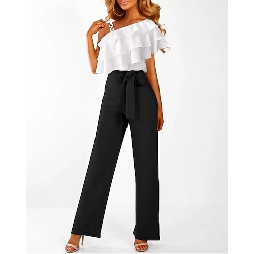 

Women's Jumpsuit Patchwork Drawstring Color Block One Shoulder Elegant Party Prom Straight Regular Fit Short Sleeve White S M L Spring