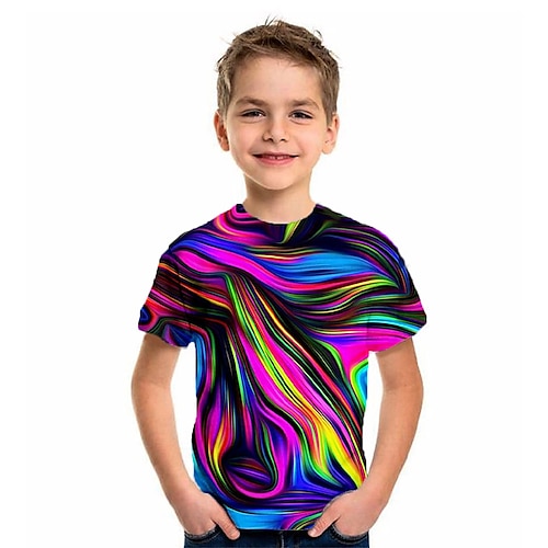 

Barn Gutt T skjorte Geometrisk 3D-utskrift Kortermet Grunnleggende Sommer Regnbue