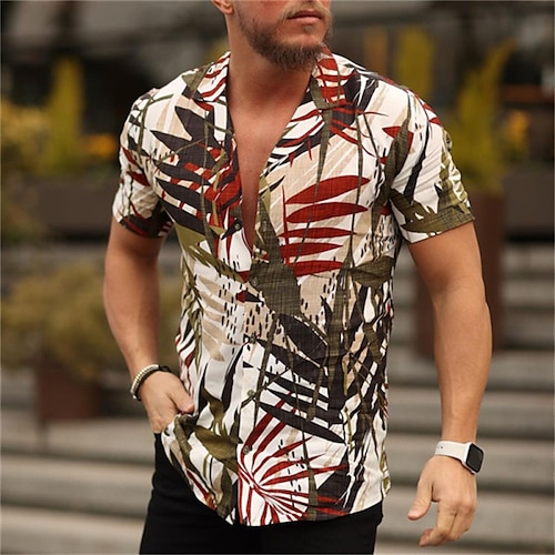 

Men's Shirt Graphic Shirt Leaves Turndown Red / White Print Casual Daily Short Sleeve Button-Down Print Clothing Apparel Fashion Designer Casual / Summer / Summer