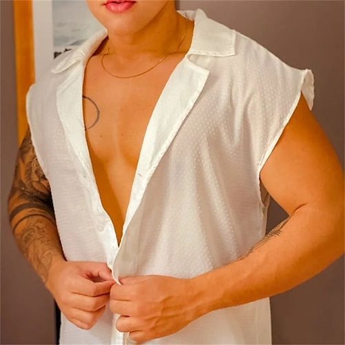 

Men's Shirt Solid Color Turndown Street Casual Button-Down Sleeveless Tops Casual Fashion Breathable Comfortable White