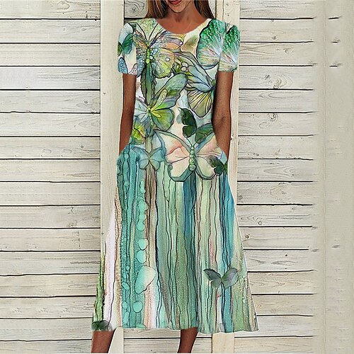 

Women's A Line Dress Midi Dress Green Short Sleeve Butterfly Animal Pocket Print Spring Summer Round Neck Stylish Casual Modern 2022 S M L XL XXL 3XL