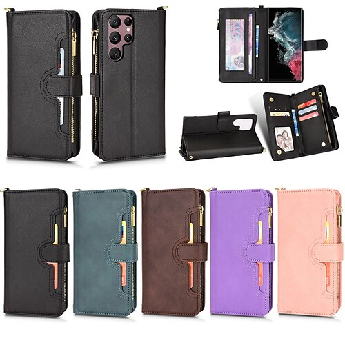 

Phone Case For Samsung Galaxy Wallet Card A33 S21 S20 Ultra Plus FE A52 Zipper Shockproof with Wrist Strap Solid Colored PU Leather