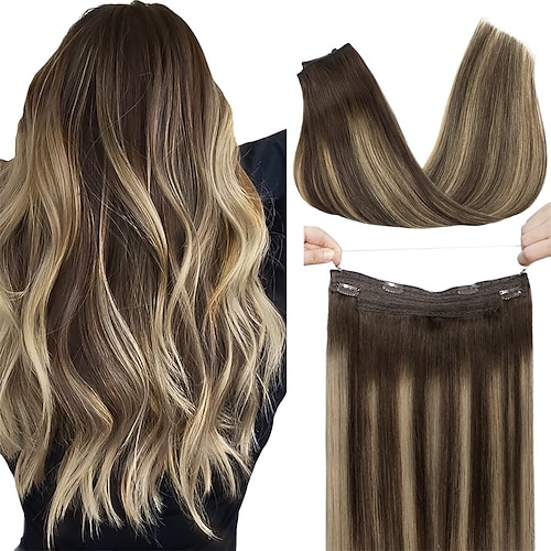 

Hair Extensions Human Hair Balayage Chocolate Brown to Honey Blonde 100g 10-26 Inch Hairpiece Natural Real Hair Extensions Wire Hair Extensions with Invisible Line Straight Hair