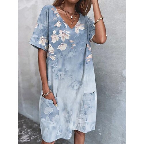 

Women's Casual Dress Knee Length Dress Green Blue Gray Purple Pink Short Sleeve Print Pocket Print Fall Spring V Neck Stylish Casual Vacation 2022 S M L XL 2XL 3XL 4XL 5XL / Loose