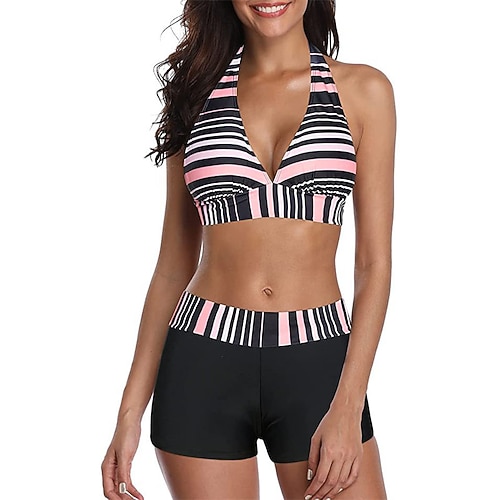 

Women's Swimwear Bikini 2 Piece Swimsuit Floral Stripe Rosy Pink Yellow Halter Padded V Wire Bathing Suits New Vacation Cute / Padded Bras