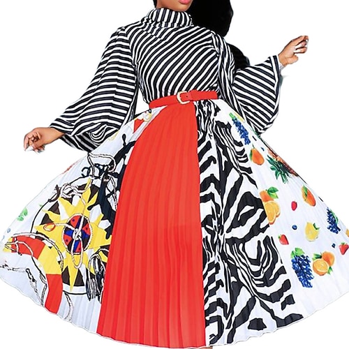 

Women's A Line Dress Maxi long Dress Black Long Sleeve Striped Color Block Lace up Patchwork Spring Summer Turtleneck Elegant Flare Cuff Sleeve 2022 S M L XL XXL 3XL