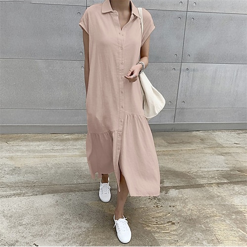 

Women's Swing Dress Maxi long Dress Black Pink Yellow Beige Short Sleeve Solid Color Ruffle Button Spring Summer Shirt Collar Stylish Casual 2022 S M L XL XXL 3XL 4XL 5XL