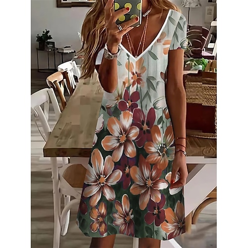 

Women's A Line Dress Knee Length Dress Green Short Sleeve Floral Print Spring Summer V Neck Basic 2022 S M L XL XXL 3XL / 3D Print