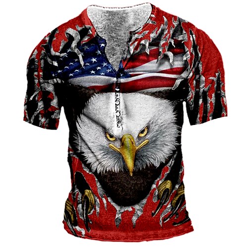 

Men's Henley Shirt Tee T shirt 3D Print Graphic Eagle Plus Size Henley Daily Sports Button-Down Print Short Sleeve Tops Basic Casual Designer Big and Tall Red