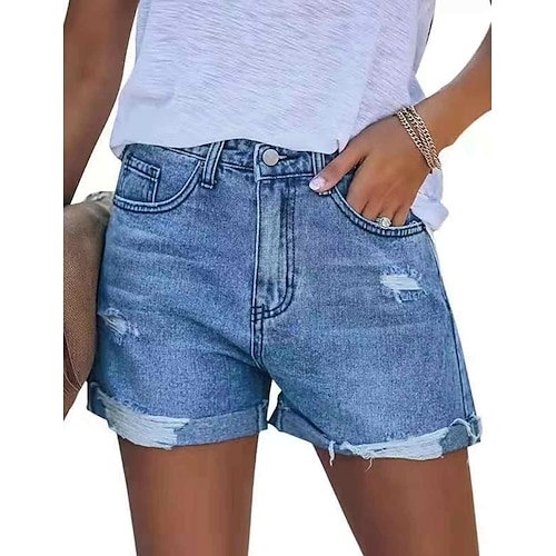 

Dame Jeans Shorts Varme bukser Denimstoff Blå Lyseblå Medium Midje Mote Helg Gateklær Sidelommer Utskjæring Mikroelastisk Kort Komfort Helfarge S M L XL XXL