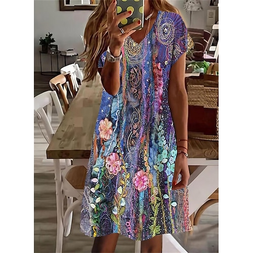 

Robe mi-longue Femme Robe casual Manche Courte Printemps Eté - à la mode Casual Imprimer Floral Col V Ample 2023 Boom Vente Robe Violet S M L XL XXL 3XL