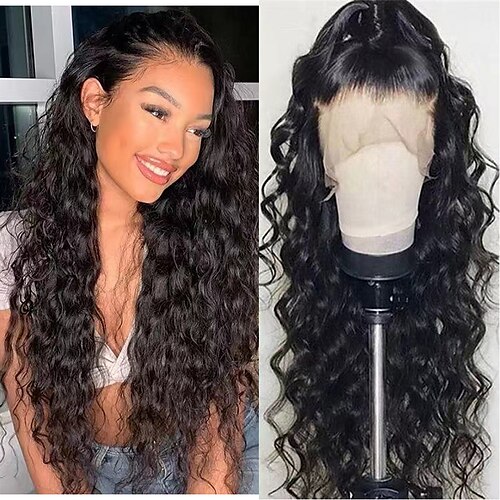 

Virgin Hair 13x4 Lace Front Wig with Baby Hair Brazilian Hair Loose Deep Wave Natural Black Wigs with Natural Hairline Coloring With Bleached Knots