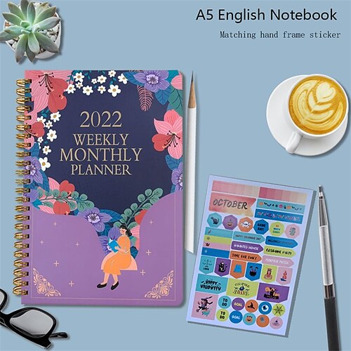 

2022 Spiral Twin-Wire Binding Daily Weekly Monthly A5 5.8×8.3 Inch Classic Hardcover Agenda Double Coil Design Planner 60 Pages for School Office Student