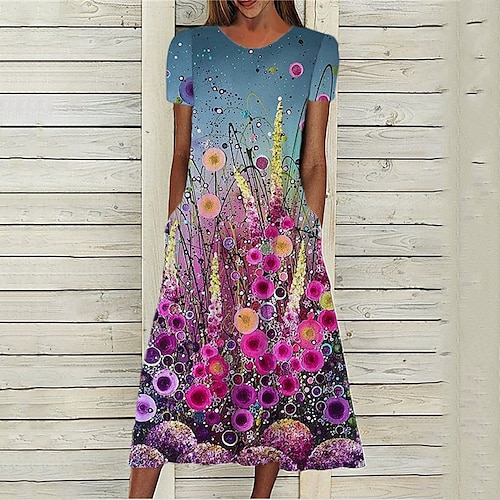 

Women's A Line Dress Midi Dress Blue Short Sleeve Floral Pocket Print Spring Summer Round Neck Stylish Casual Modern 2022 S M L XL XXL 3XL