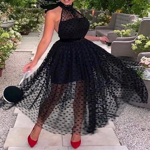 

Women's A Line Dress Midi Dress Black Sleeveless Solid Color Mesh Spring Summer Halter Neck Stylish 2022 S M L XL