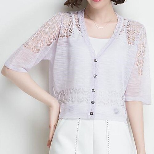 

Women's Cardigan Hollow Out Knitted Button Pure Color Stylish Elegant Casual Short Sleeves Sweater Cardigans V Neck Spring Summer Green Blue White