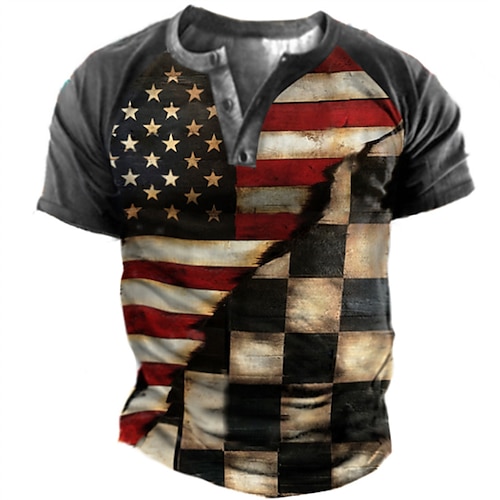 

Men's Henley Shirt T shirt 3D Print Graphic Flag Henley Street Casual Button-Down Print Short Sleeve Tops Basic Fashion Classic Comfortable Light Brown