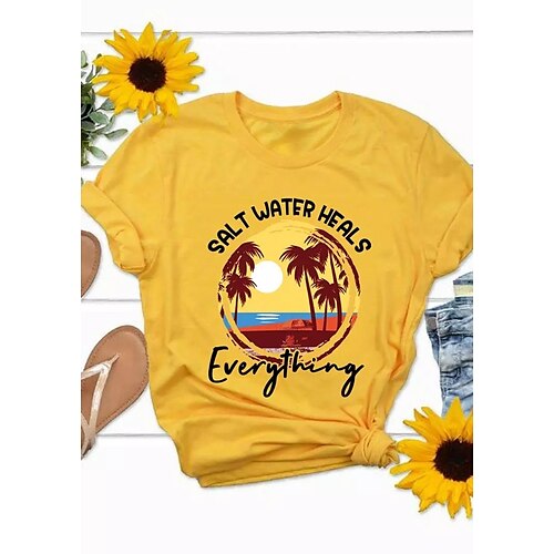 

Women's Painting T shirt Graphic Text Print Round Neck Basic Tops Yellow