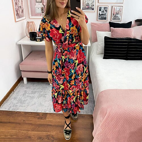 

Women's Swing Dress Midi Dress Pink Red Short Sleeve Floral Lace up Print Spring Summer V Neck Stylish Casual 2022 S M L XL