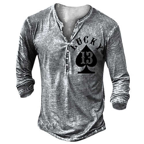 

Men's T shirt Tee Henley Shirt Graphic Poker Henley Gray 3D Print Street Casual Long Sleeve Button-Down Print Clothing Apparel Basic Fashion Classic Comfortable / Sports