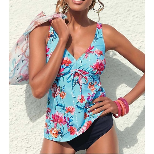 

Women's Swimwear Tankini 2 Piece Swimsuit Open Back Floral Blue Black Yellow Camisole Strap Bathing Suits New Vacation Fashion / Modern / Padded Bras
