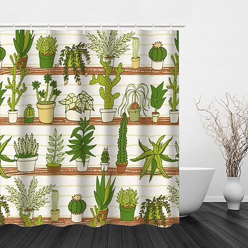 

Tropical Plant Cactus Landscape Print Four Piece Shower Curtain Hook Modern Polyester Machined Waterproof Bathroom