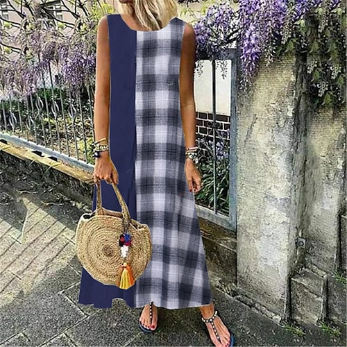 

Women's Shift Dress Maxi long Dress Blue Sleeveless Plaid Print Spring Summer Crew Neck Casual Vacation 2022 S M L XL XXL 3XL