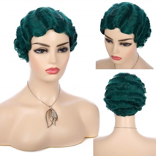 

parrucche pixie cut parrucche corte ricci verdi per le donne parrucca sintetica degli anni '20 nuna finger wave pixie