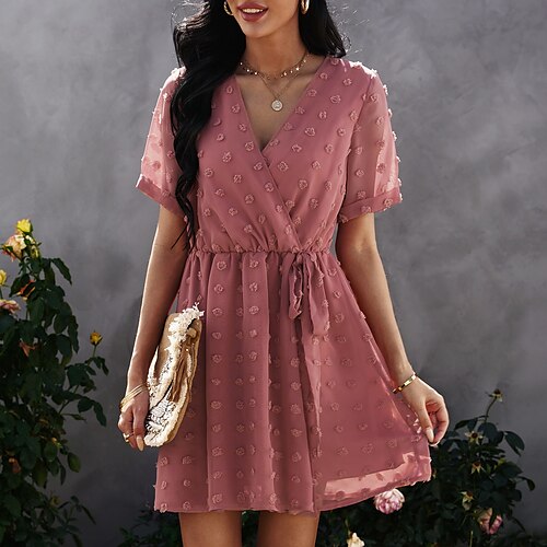 

Women's Casual Dress Knee Length Dress Blue Pink Orange Beige Short Sleeve Pure Color Jacquard Summer V Neck Stylish Elegant Casual Cap Sleeve 2022 S M L XL