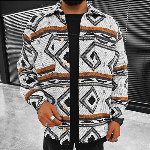 

Men's Shirt Print Lattice Geometry Classic Collar Daily Print Long Sleeve Tops Casual Gray
