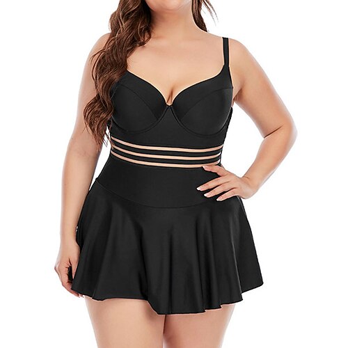 

Women's Swimwear One Piece Swim Dress Plus Size Swimsuit Open Back Black Red Navy Blue Strap Bathing Suits New Vacation Fashion / Modern / Padded Bras