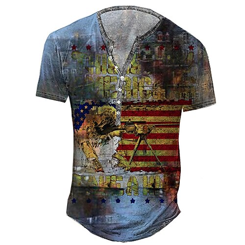 

Men's Henley Shirt Tee T shirt 3D Print Graphic National Flag Plus Size Henley Daily Sports Button-Down Print Short Sleeve Tops Basic Casual Vintage Designer Blue Gray