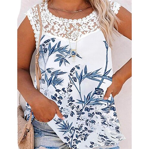 

Women's Plus Size Tops T shirt Floral Butterfly Lace Print Sleeveless Crewneck Streetwear Daily Vacation Cotton Spring Summer White Black / Heart