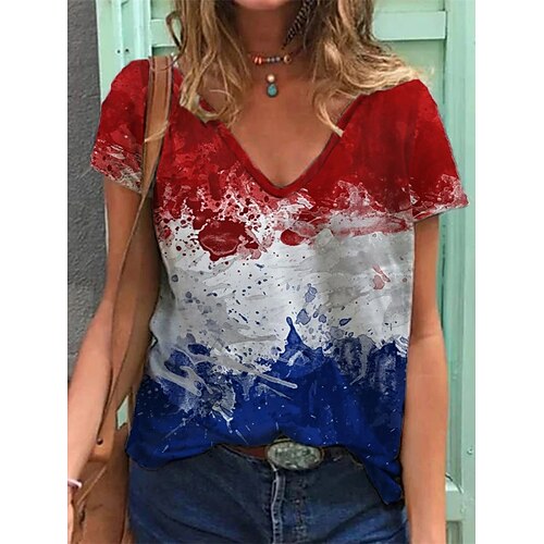 

Women's Painting T shirt Graffiti Print V Neck Basic Tops Red / 3D Print