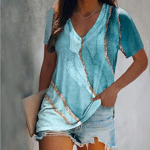 

Women's T shirt Tee Light Blue Graphic Galaxy Print Short Sleeve Home Casual Vintage Ethnic Sexy V Neck Regular Abstract Geometric Painting S / 3D Print