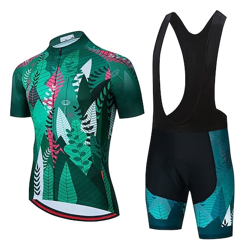

21Grams Men's Cycling Jersey with Bib Shorts Short Sleeve Mountain Bike MTB Road Bike Cycling Green Floral Botanical Bike Clothing Suit 3D Pad Breathable Quick Dry Moisture Wicking Back Pocket