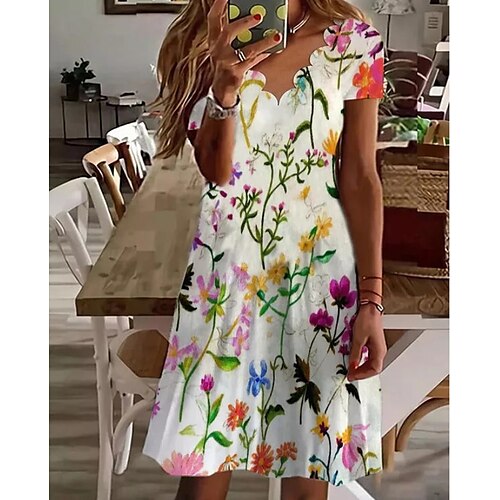 

Women's Casual Dress Mini Dress White Short Sleeve Floral Ruched Spring Summer V Neck 2022 S M L XL XXL 3XL