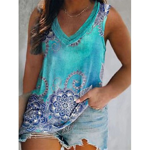 

Women's Plus Size Curve Tops T shirt Tee Floral Color Gradient Print Sleeveless V Neck Streetwear Preppy Daily Going out Polyester Spring Summer Green Blue