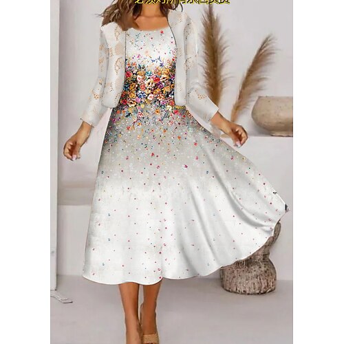 

Women's Two Piece Dress Knee Length Dress White 3/4 Length Sleeve Floral Print Print Spring Summer Crew Neck Casual 2022 3XL