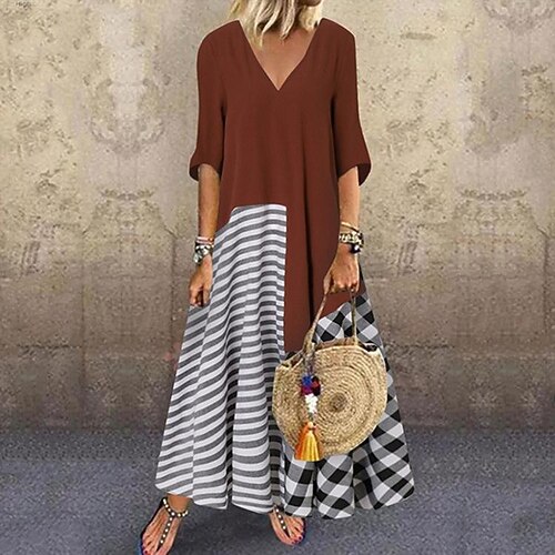 

Women's Casual Dress Long Dress Maxi Dress Black Red Brown Half Sleeve Striped Print Fall Spring Autumn V Neck Loose Fit 2022 S M L XL 2XL 3XL 4XL 5XL