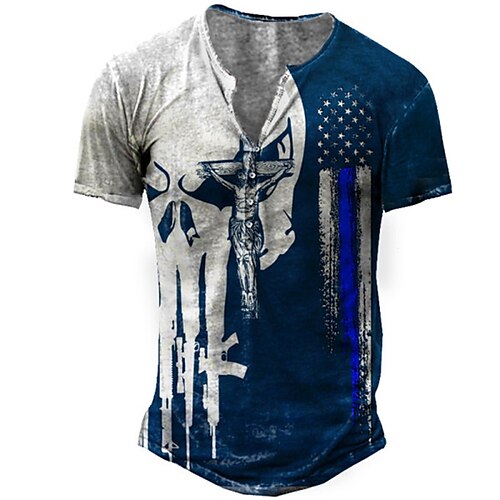

Men's Henley Shirt T shirt 3D Print Graphic National Flag Henley Street Casual Button-Down Print Short Sleeve Tops Basic Fashion Classic Comfortable Blue