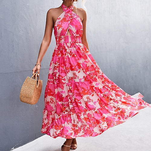 

Women's Casual Dress Swing Dress Long Dress Maxi Dress Black Pink Dusty Rose Sleeveless Floral Backless Spring Summer Halter Neck 2022 S M L XL