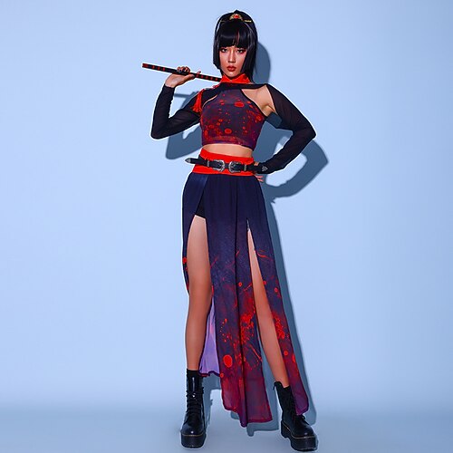 

Women's Kpop Dancer DJ Dancing Party Jazz Polyester bright red Top Skirt