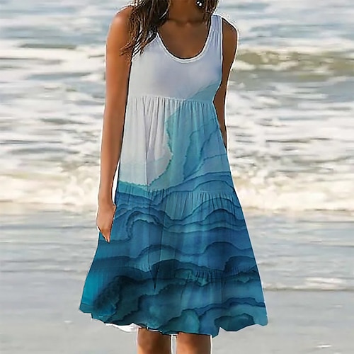

Mulheres Vestido casual Vestido de turno Azul Sem Manga Cores Gradiente Bolsos Primavera Verão Decote U 2022 S M L XL XXL 3XL