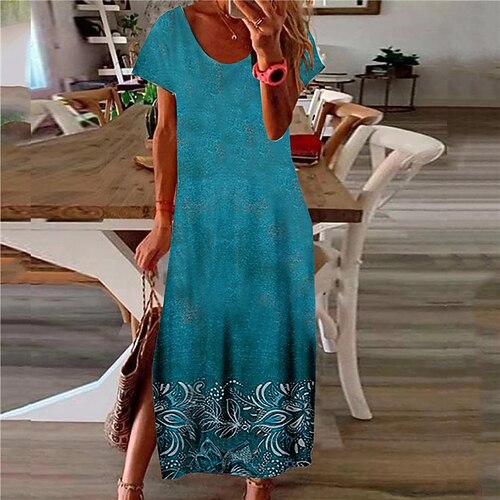 

Women's Shift Dress Maxi long Dress Blue Short Sleeve Floral Split Print Spring Summer V Neck Casual Vacation 2022 S M L XL XXL 3XL