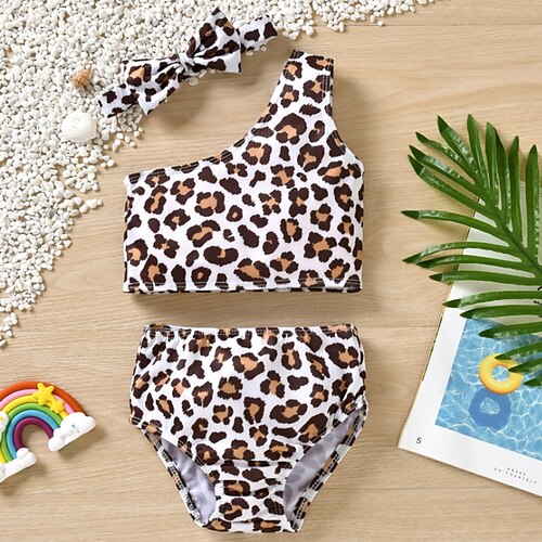 

Kids Girls' Three Piece Bikini Outdoor Leopard Active Bow Bathing Suits 2-8 Years Spring White
