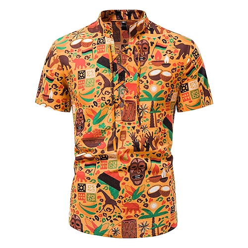

Men's Shirt Print Graphic Plus Size Standing Collar Daily Lace up Short Sleeve Tops Casual Orange